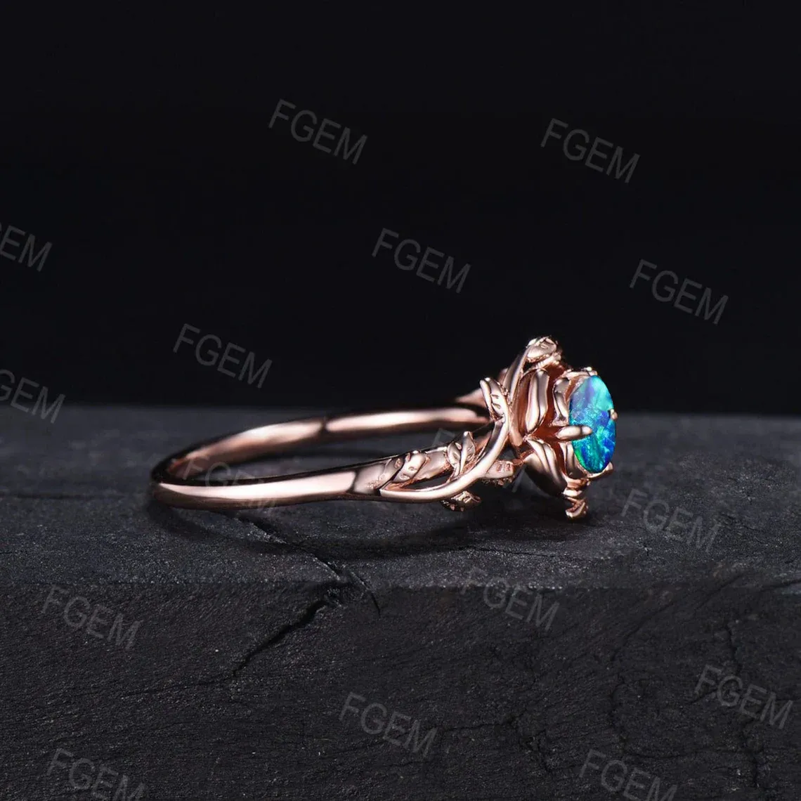 10K Rose Gold Rose Flower Opal Wedding Ring 5mm Round Blue Opal Promise Ring Nature Inspired Floral Branch Blue Sapphire Ring Birthday Gifts