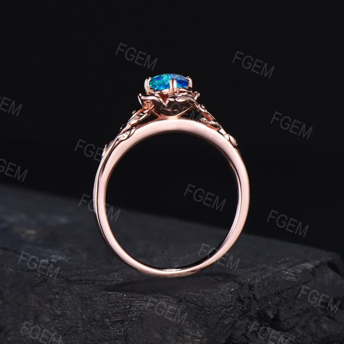 10K Rose Gold Rose Flower Opal Wedding Ring 5mm Round Blue Opal Promise Ring Nature Inspired Floral Branch Blue Sapphire Ring Birthday Gifts