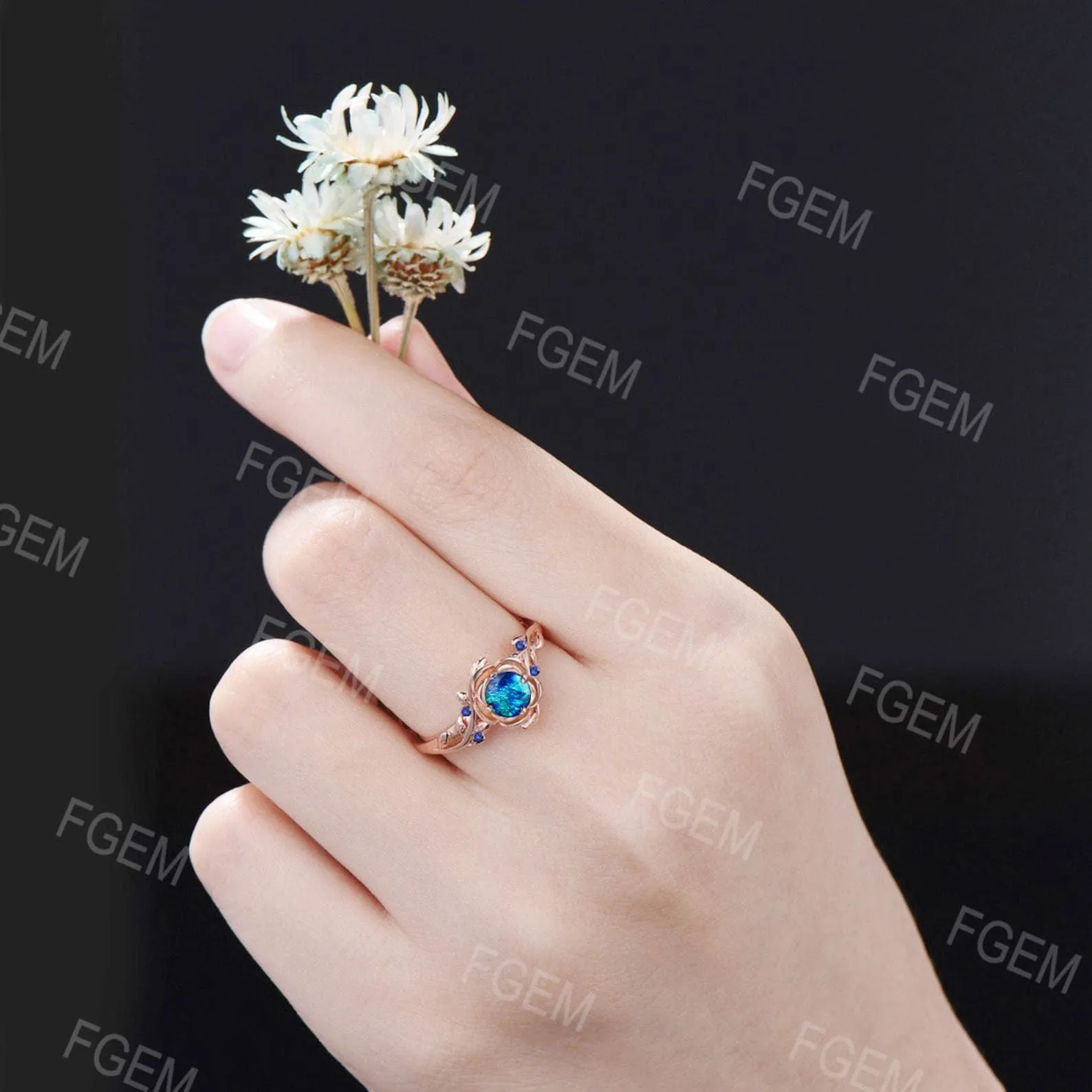 10K Rose Gold Rose Flower Opal Wedding Ring 5mm Round Blue Opal Promise Ring Nature Inspired Floral Branch Blue Sapphire Ring Birthday Gifts