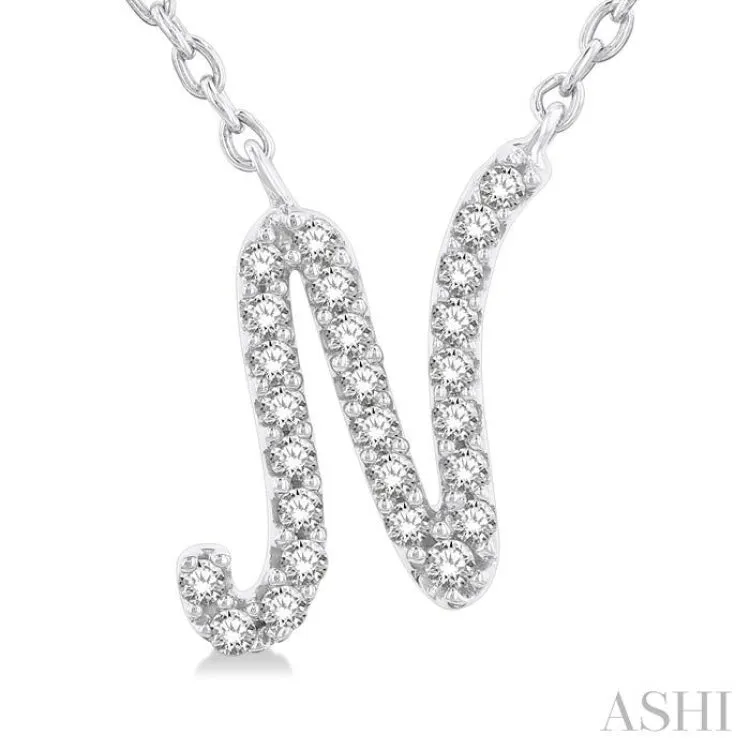 1/10 Ctw Initial 'N' Round cut Diamond Pendant With Chain in 14K White Gold