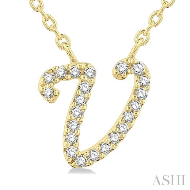 1/20 Ctw Initial 'V' Round cut Diamond Pendant With Chain in 14K Yellow Gold