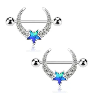 14G Blue Star CZ Gems Nipple Rings 2PCS Set