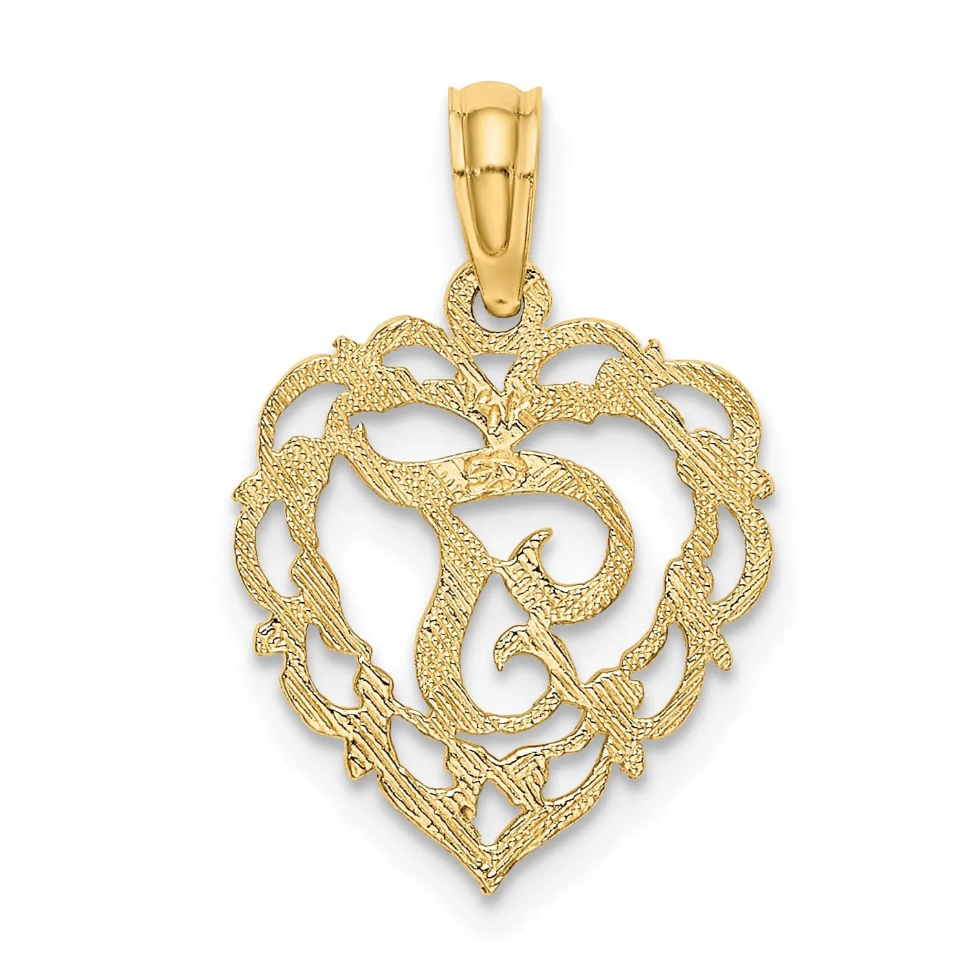 14K Yellow Gold Heart Shape Fancy Script Letter T Initial Charm Pendant