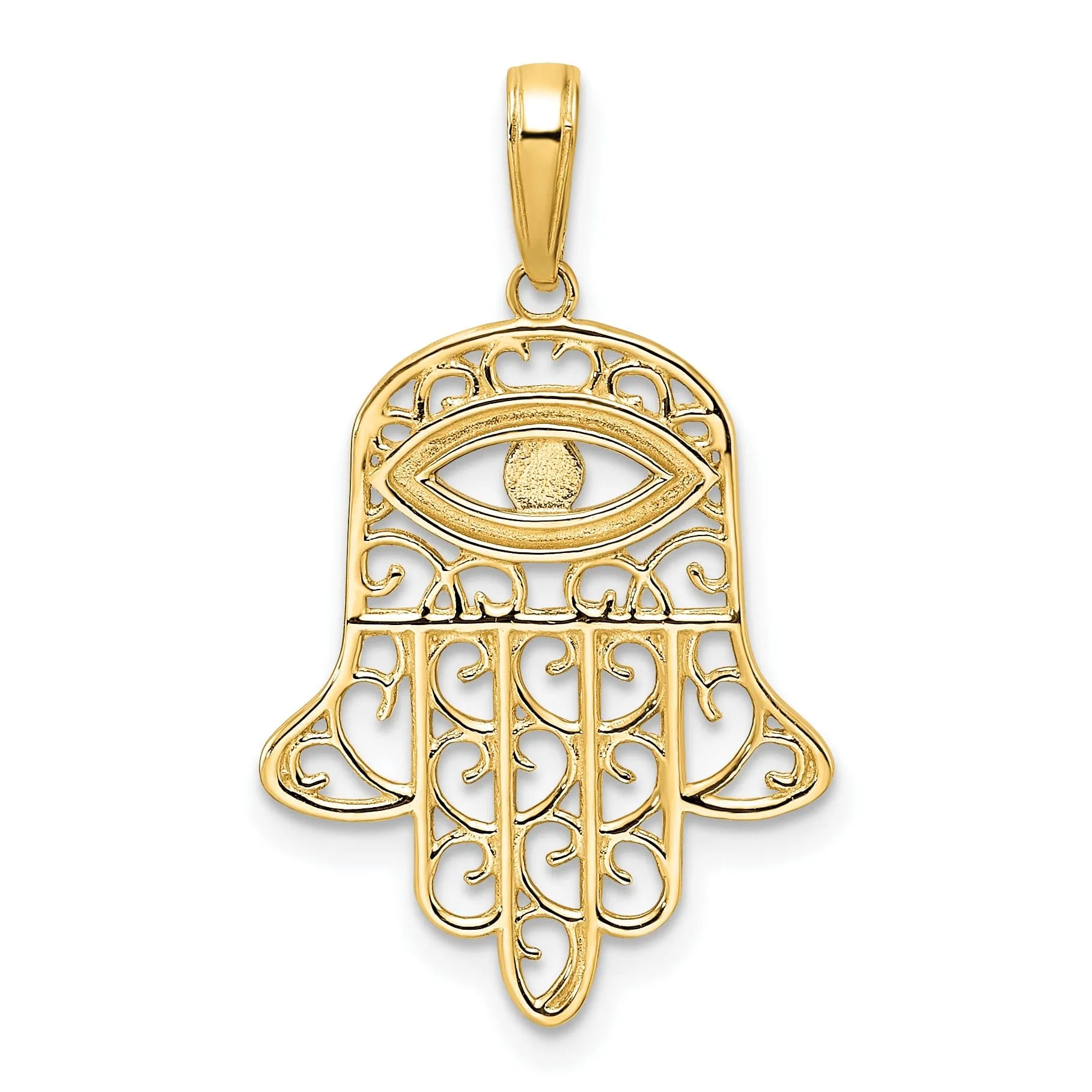 14k Yellow Gold Polished D.C Finish Filligree Hamsa Evil Eye Pendant