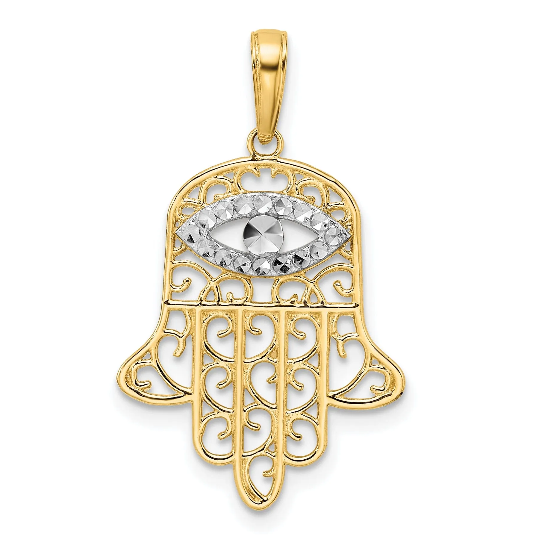 14k Yellow Gold Polished D.C Finish Filligree Hamsa Evil Eye Pendant