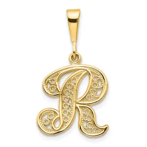 14K Yellow GoldFancy Filigree Script Design Letter R Initial Pendant