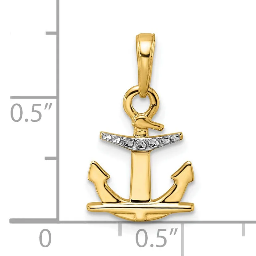 14kYellow Gold White Rhodium Diamond Cut Polished Finish Solid  Anchor Charm Pendant