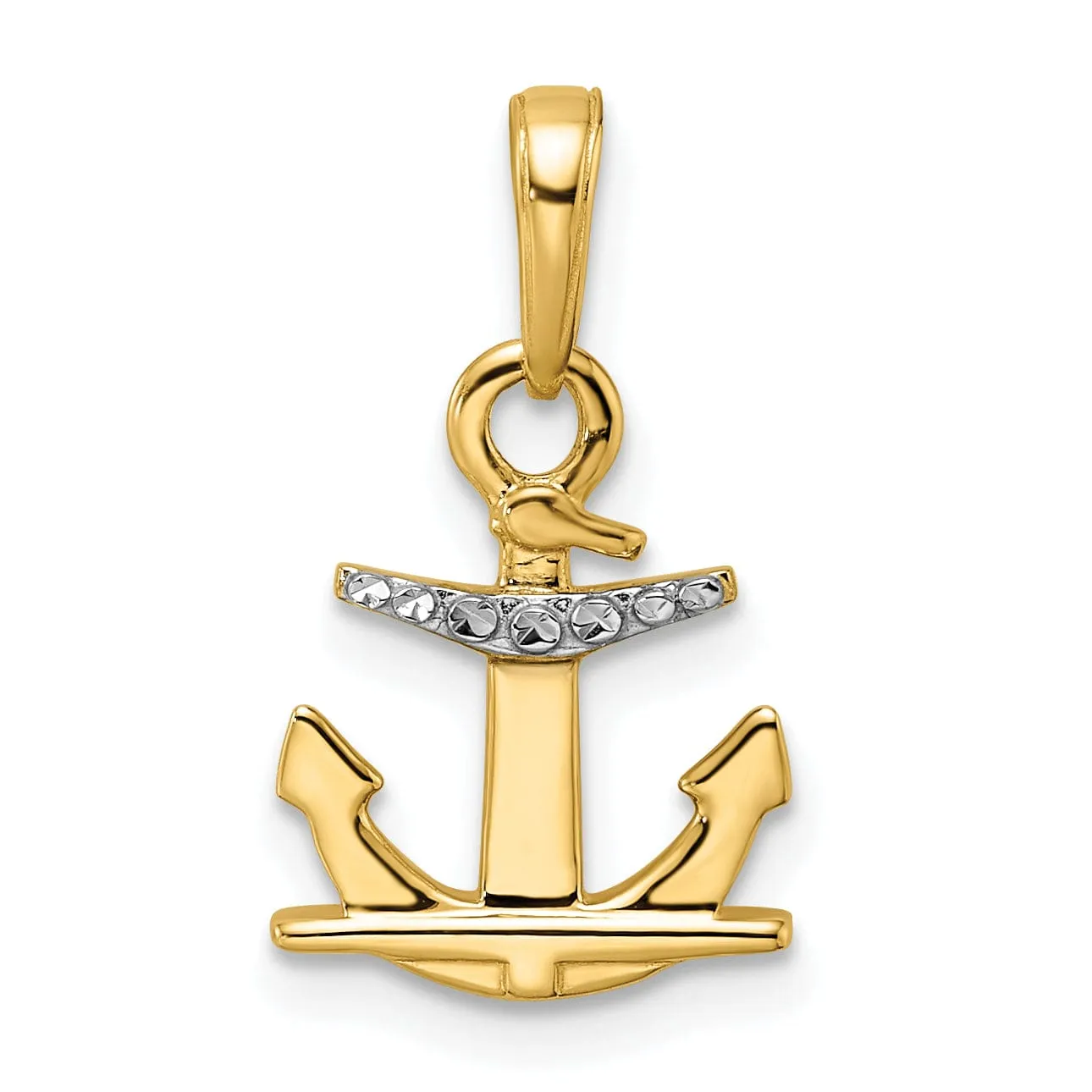 14kYellow Gold White Rhodium Diamond Cut Polished Finish Solid  Anchor Charm Pendant