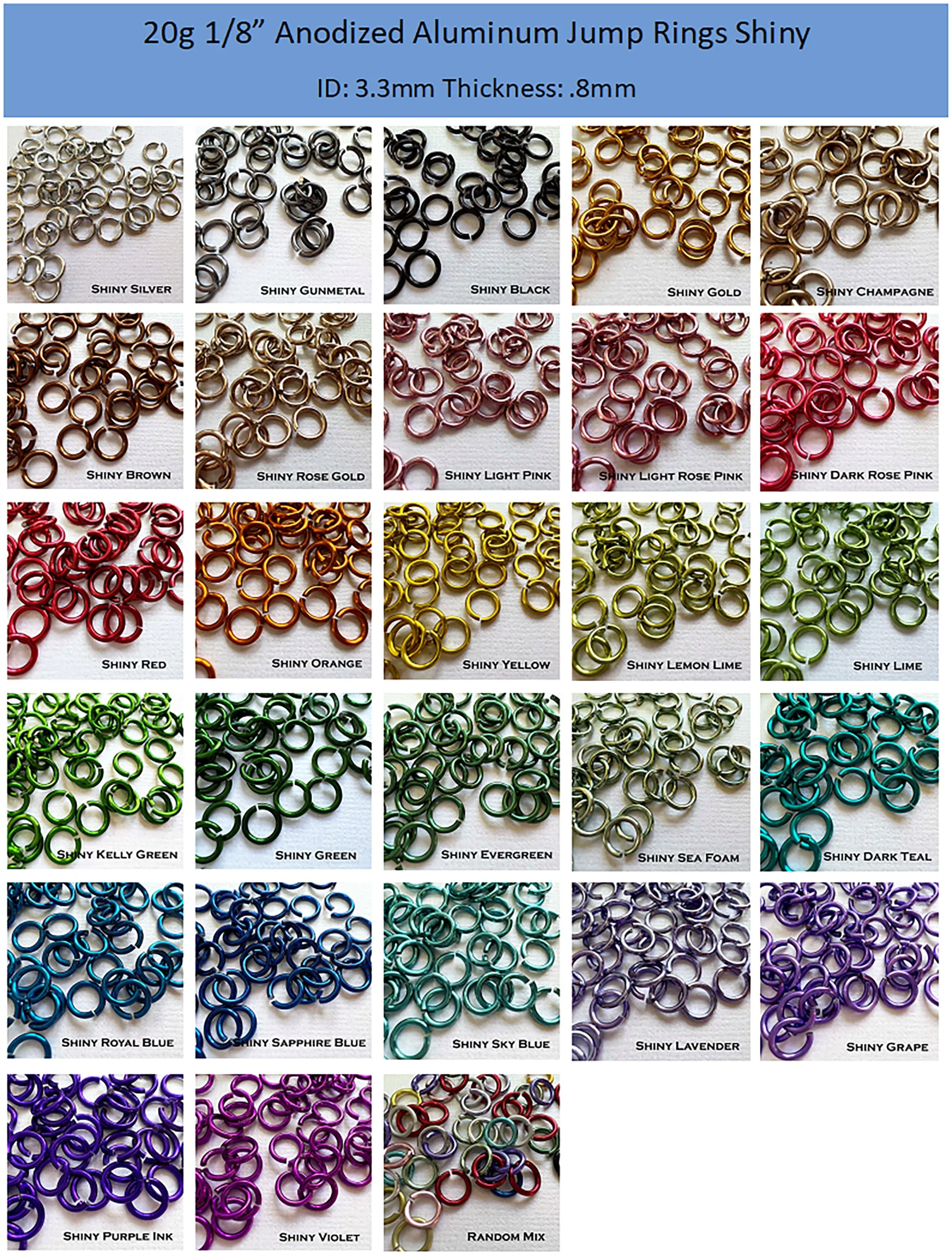 20g 1/8" Jump Rings SHINY (AWG) ID: 3.4mm - choose color & quantity