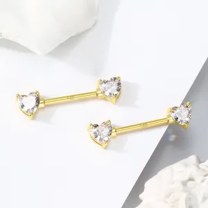 2Pcs 14K Solid Gold Heart CZ Nipple Barbell Set