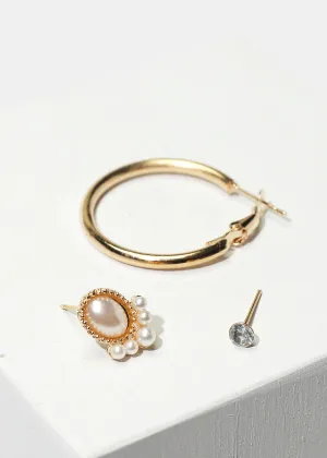 3-Pair Pearl Stud & Hoop Earrings