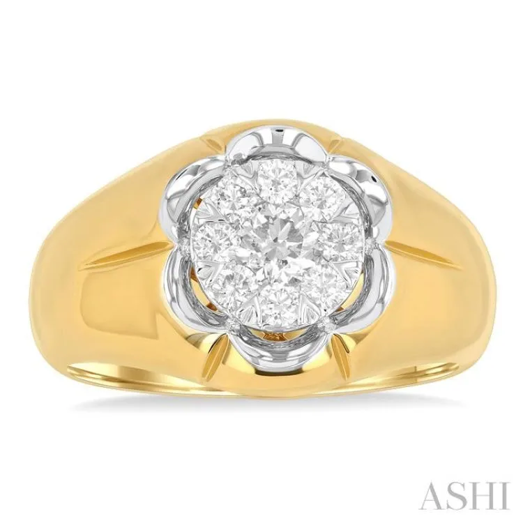 3/4 ctw Floral Center Lovebright Round Cut Diamond Men's Ring in 14K Yellow and White Gold