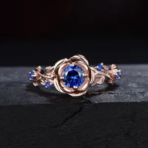 5mm Nature Inspired Blue Sapphire Ring 10K Yellow Gold Twig Leaf Rose Flower Blue Sapphire Nature Engagement Rings Unique Anniversary Gifts