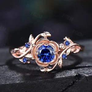 5mm Round Cut Blue Sapphire Engagement Ring Rose Flower Wedding Ring Nature Inspired Floral Leaf Sapphire Ring September Birthstone Gift