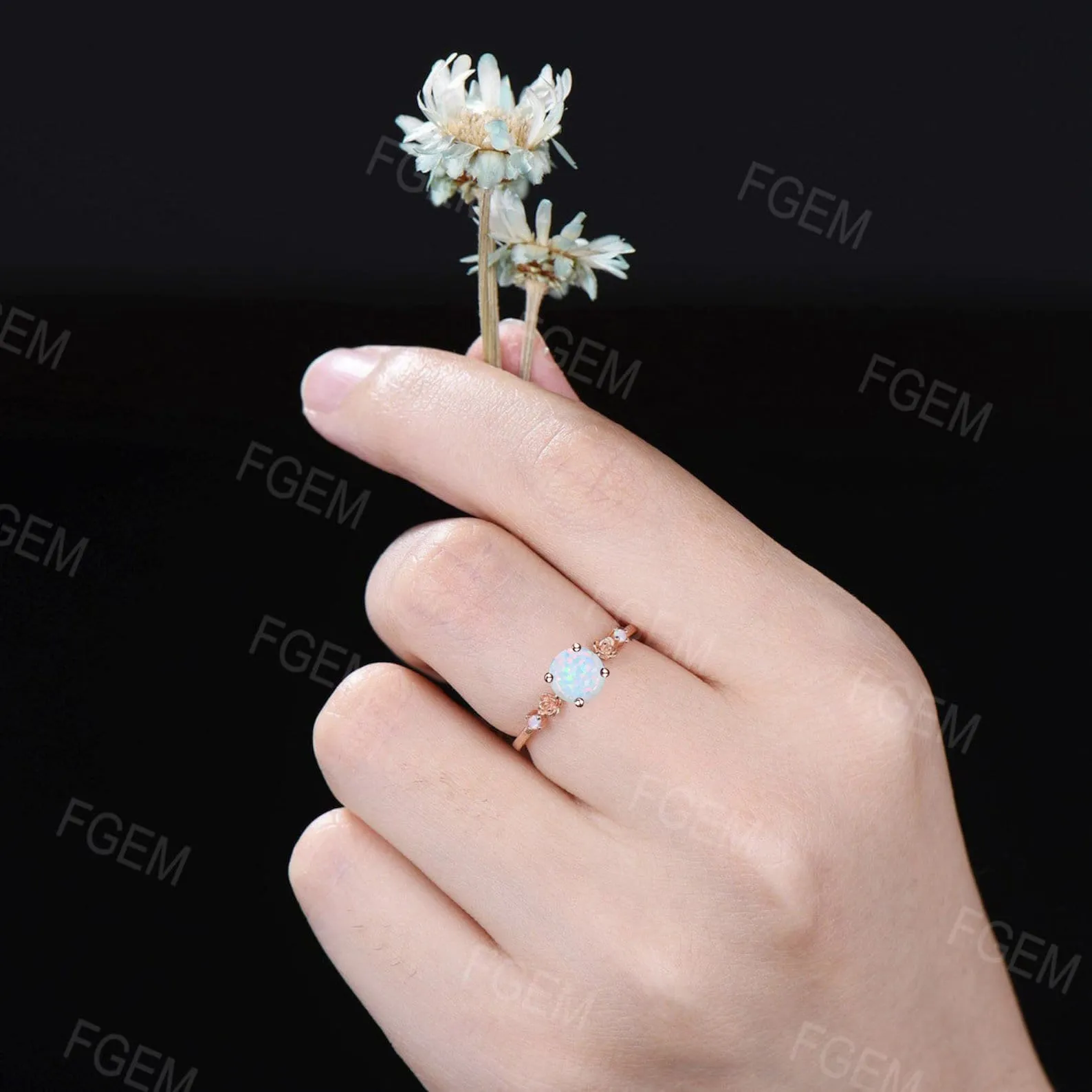 5mm Round Cut White Opal Flower Engagement Ring Rose Gold Fire Opal Promise Rings Floral Wedding Ring October Birthstone Jewelry Gifts Women