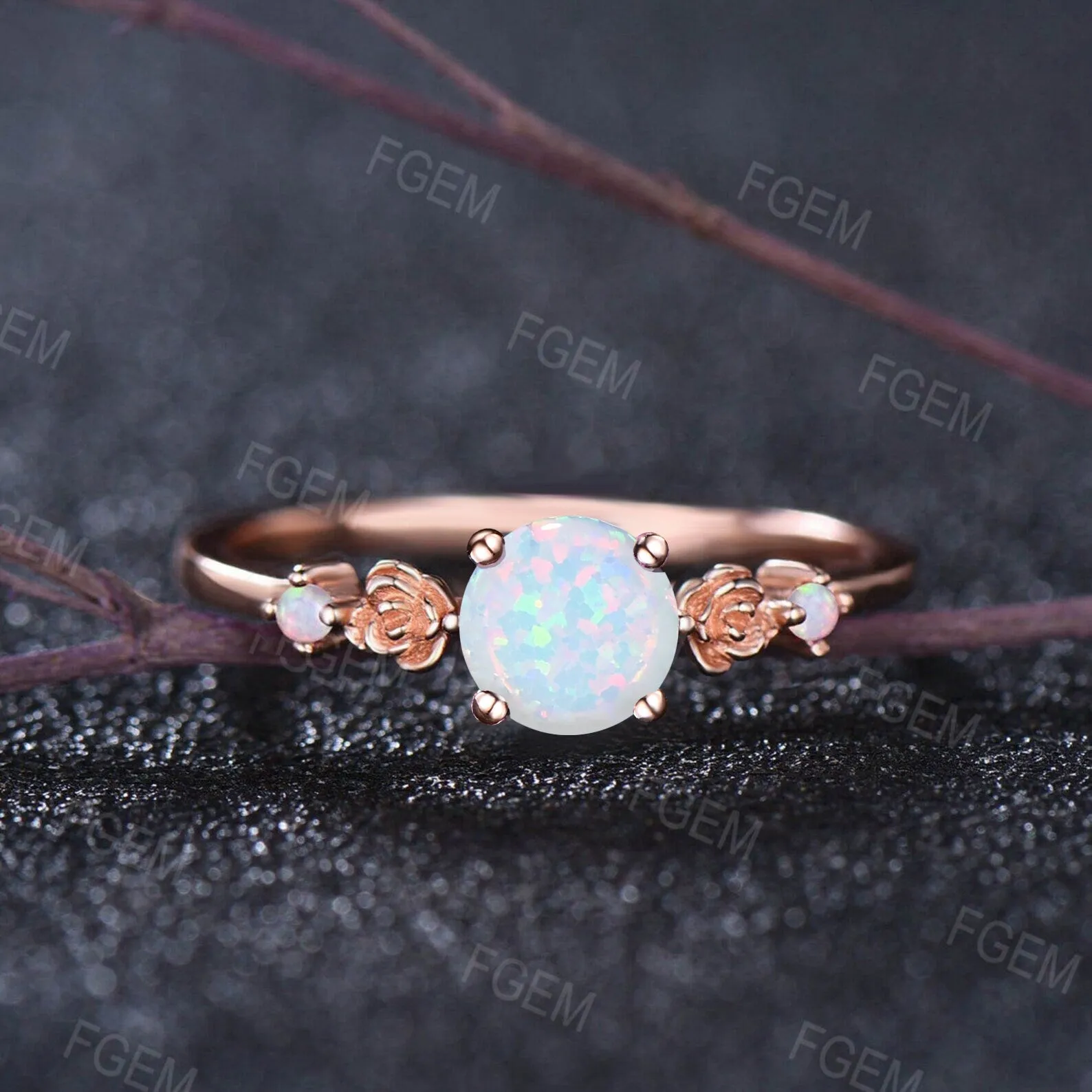 5mm Round Cut White Opal Flower Engagement Ring Rose Gold Fire Opal Promise Rings Floral Wedding Ring October Birthstone Jewelry Gifts Women