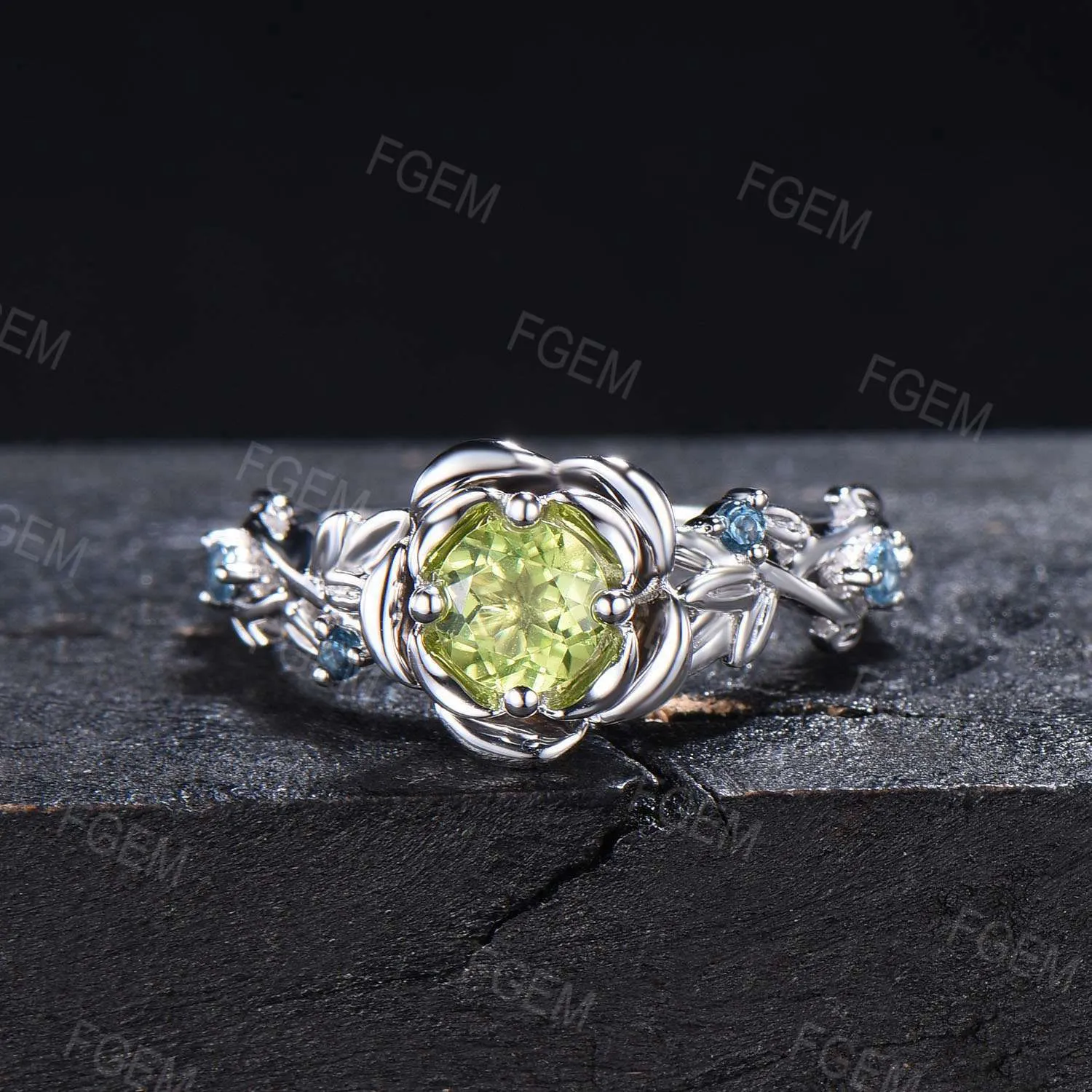 5MM Round Natural Peridot Emerald Topaz Wedding Ring Set Green Gemstone Jewelry Branch Rose Flower Peridot Ring Set Flower Engagement Ring