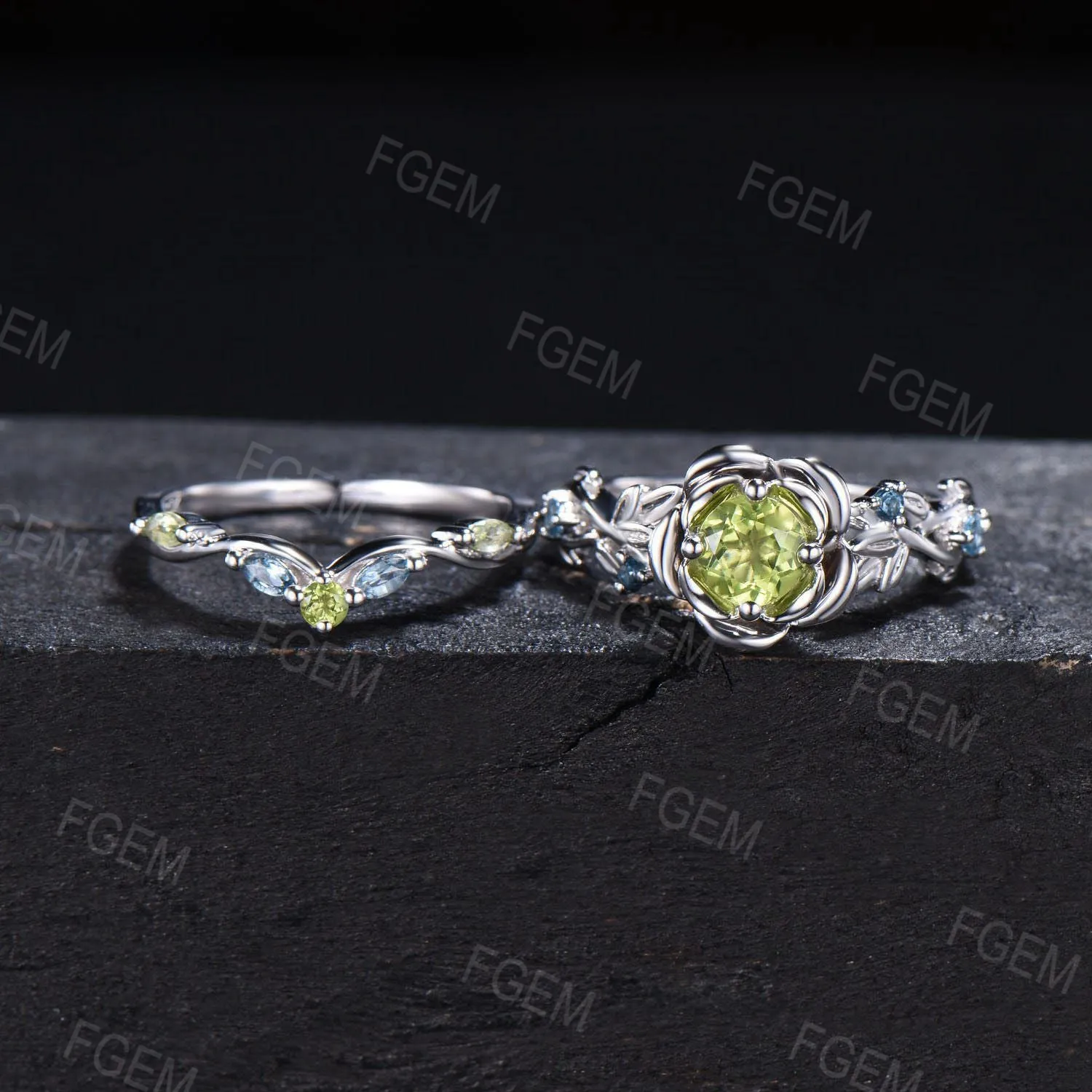 5MM Round Natural Peridot Emerald Topaz Wedding Ring Set Green Gemstone Jewelry Branch Rose Flower Peridot Ring Set Flower Engagement Ring