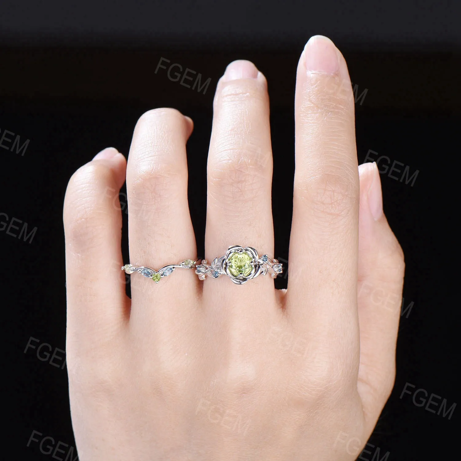 5MM Round Natural Peridot Emerald Topaz Wedding Ring Set Green Gemstone Jewelry Branch Rose Flower Peridot Ring Set Flower Engagement Ring