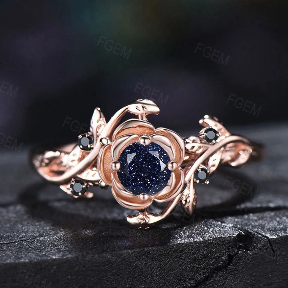 5mm Round Rose Flower Galaxy Blue Sandstone Wedding Ring Nature Inspired Starry Sky Blue Goldstone Engagement Ring Leaf Branch Promise Ring