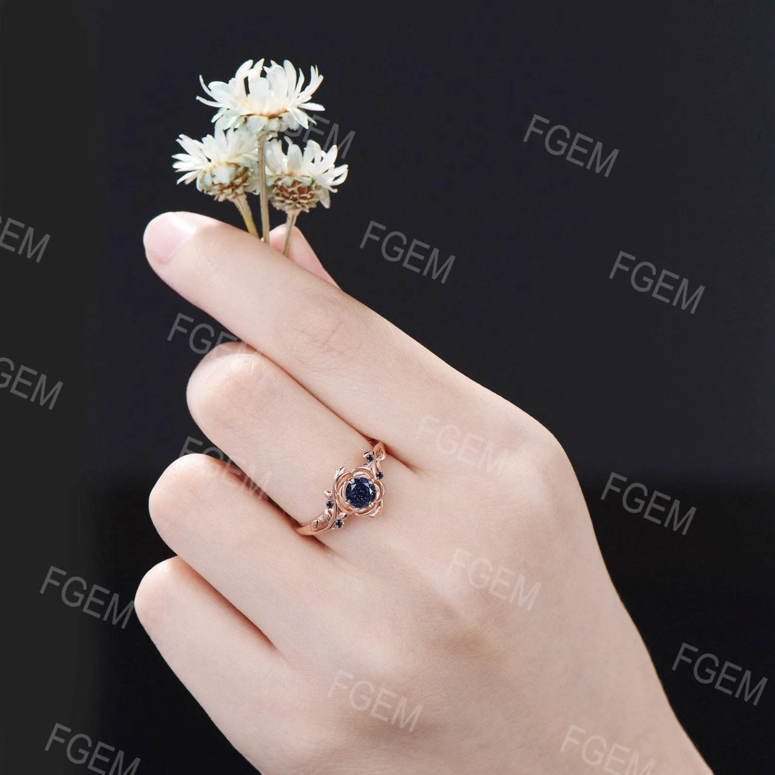 5mm Round Rose Flower Galaxy Blue Sandstone Wedding Ring Nature Inspired Starry Sky Blue Goldstone Engagement Ring Leaf Branch Promise Ring