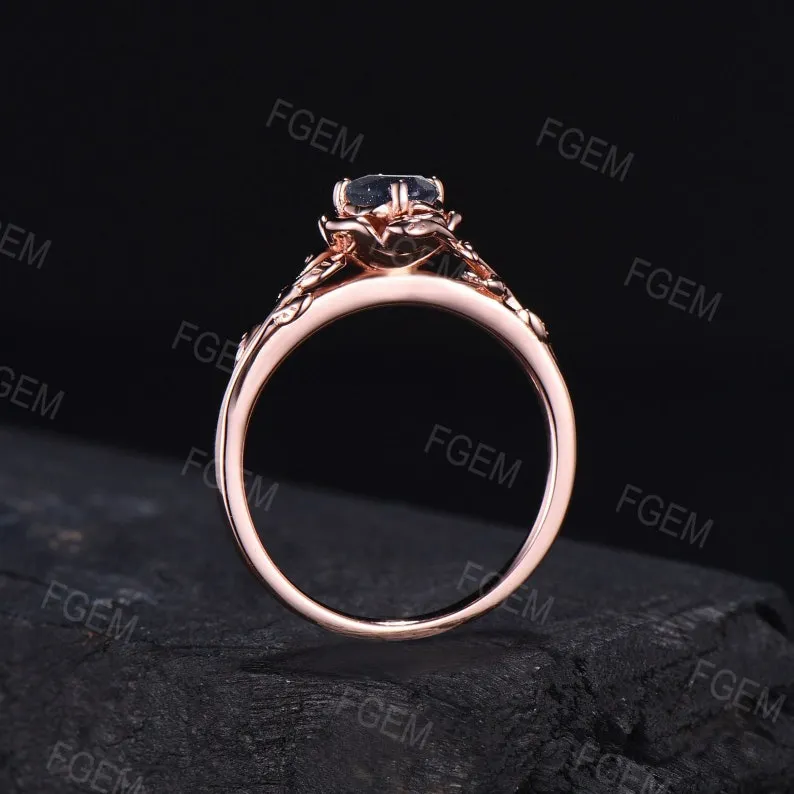 5mm Round Rose Flower Galaxy Blue Sandstone Wedding Ring Nature Inspired Starry Sky Blue Goldstone Engagement Ring Leaf Branch Promise Ring