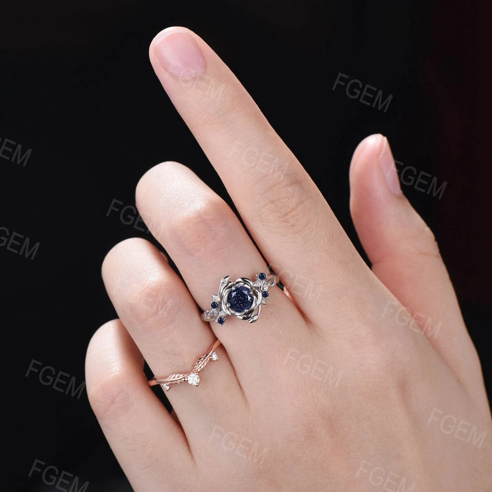 5mm Round Rose Flower Galaxy Blue Sandstone Wedding Ring Nature Inspired Starry Sky Blue Goldstone Engagement Ring Leaf Branch Promise Ring