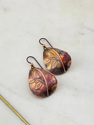 Acid etched copper leaf medium teardrop earrings