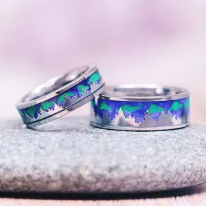 Aurora Borealis Forest Couples Ring Set- Northern Lights & Trees