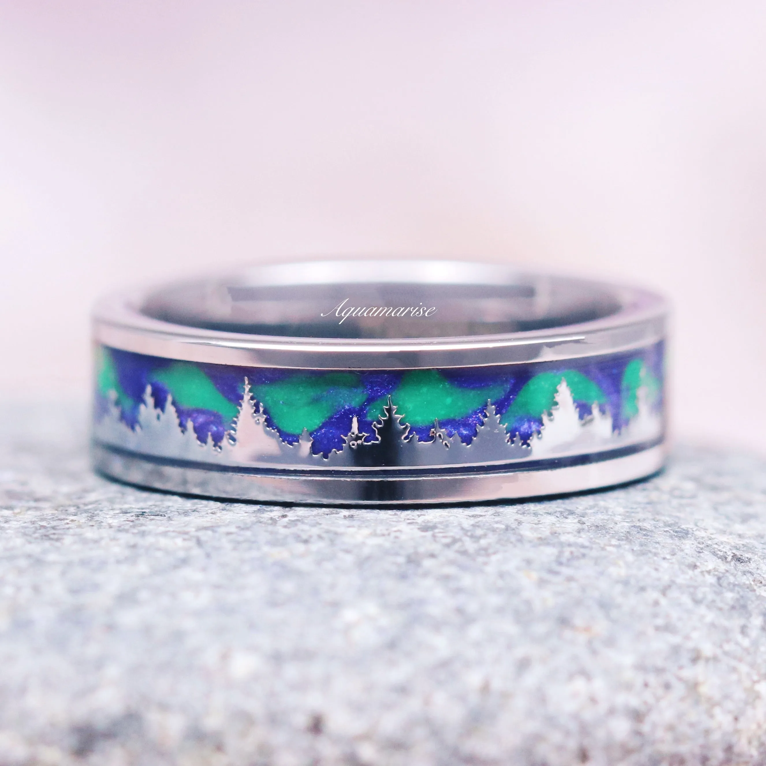 Aurora Borealis Forest Couples Ring Set- Northern Lights & Trees