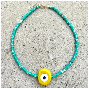 Biggie Yellow Nazar Aqua Heishi Necklace