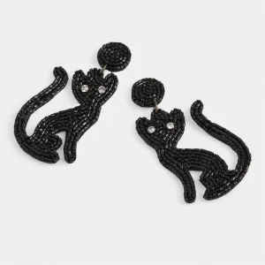 Black Cat Beaded Earrings - Black