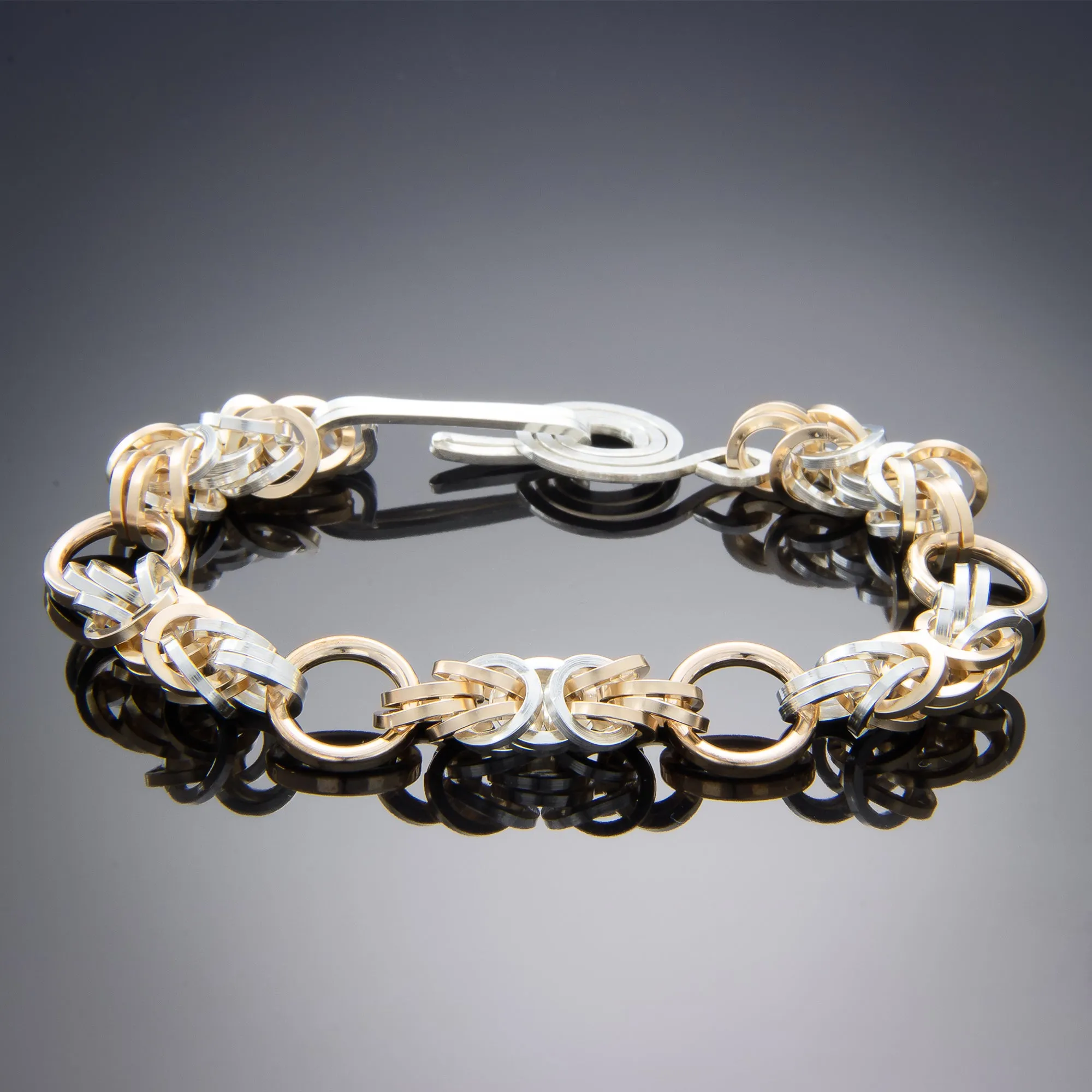 Bold Two Tone Byzantine Chunky Statement Bracelet in Argentium Sterling Silver and 14K Yellow Gold Fill