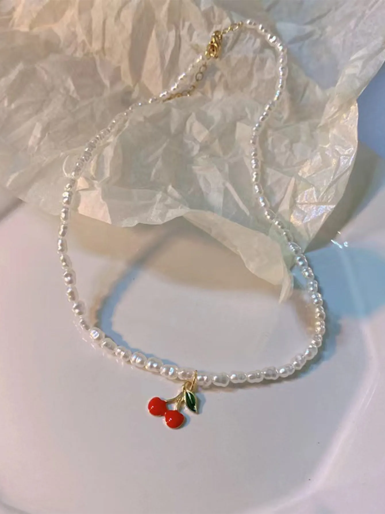 Cherry Decor Faux Pearl Beaded Necklace Dainty Necklace Novelty Necklace