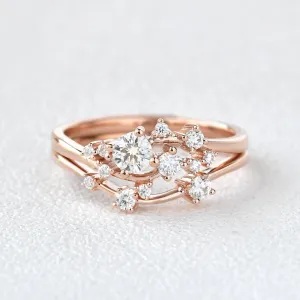 Cluster Moissanite Rose Gold Wedding Ring Set 2pcs