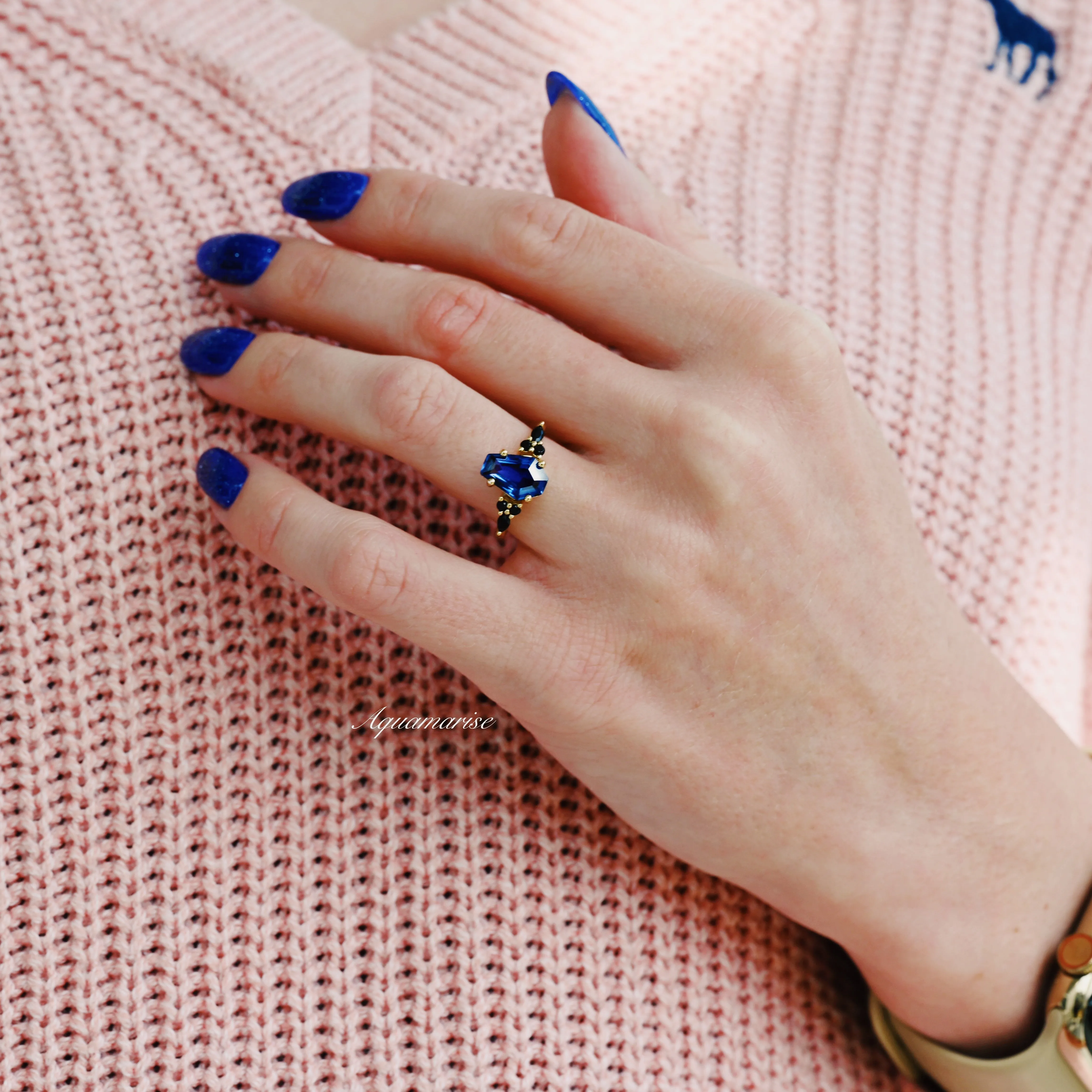 Coffin Cut Blue Sapphire & Black Onyx Ring- 14K Yellow Gold Vermeil