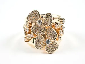 Elegant Unique Floral Burst Pave Style Design Gold Tone Silver Ring