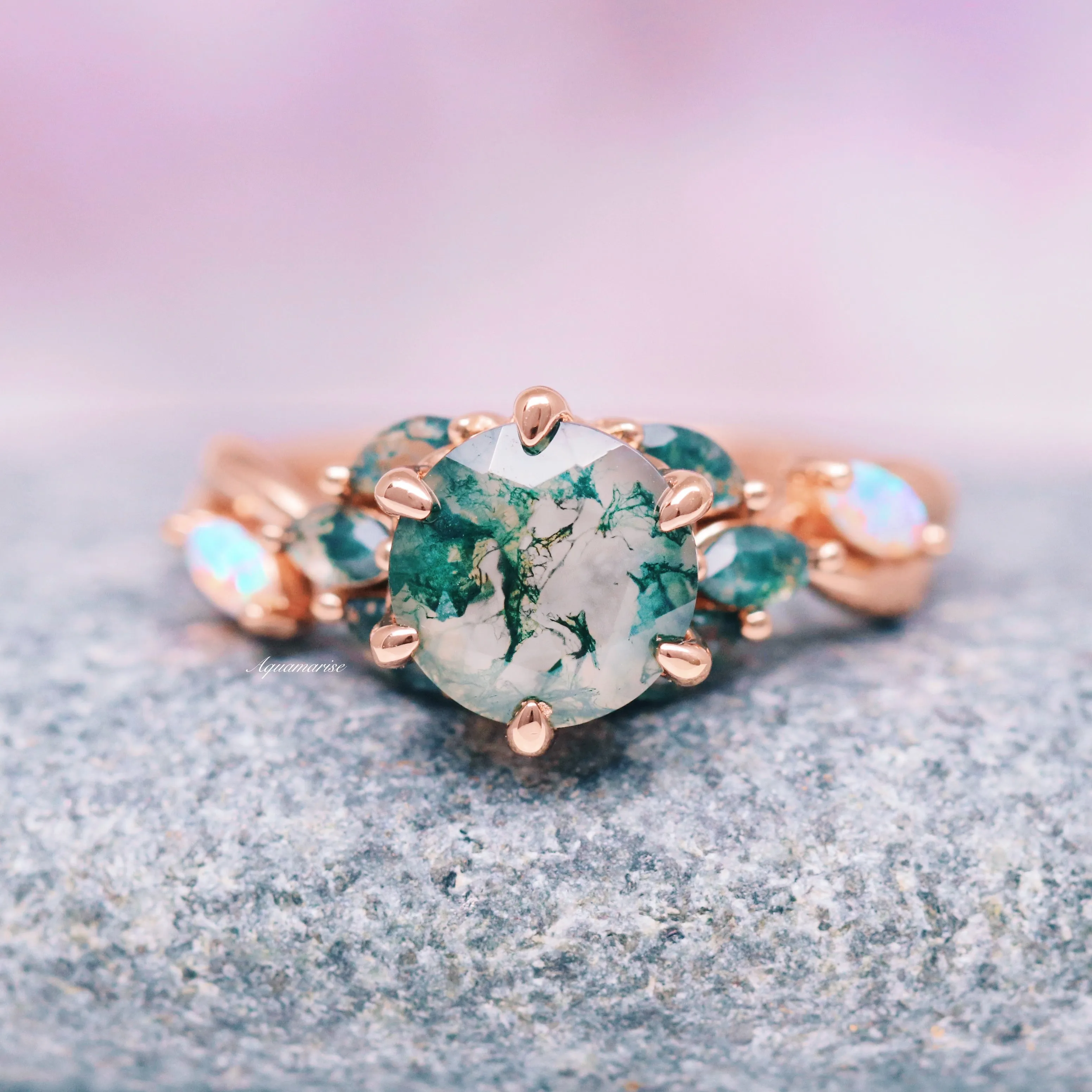 Enchanted Garden Moss Agate & Fire Opal Couples Ring