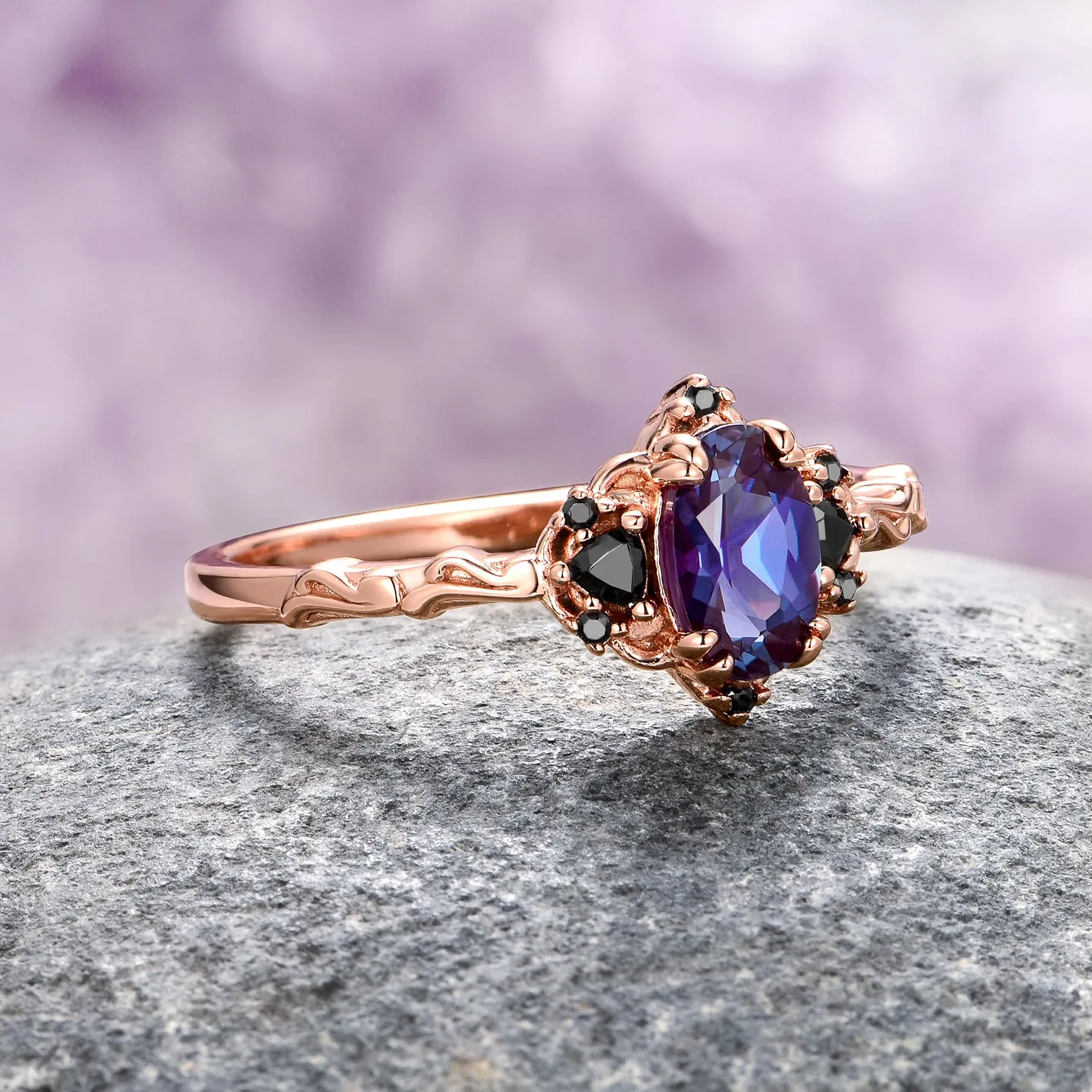 Esme Alexandrite & Black Onyx Ring- 14K Solid Rose Gold