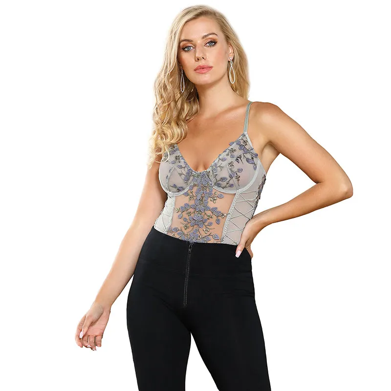 Fashion Embroidery Grey Mesh Bodysuit With Underwire