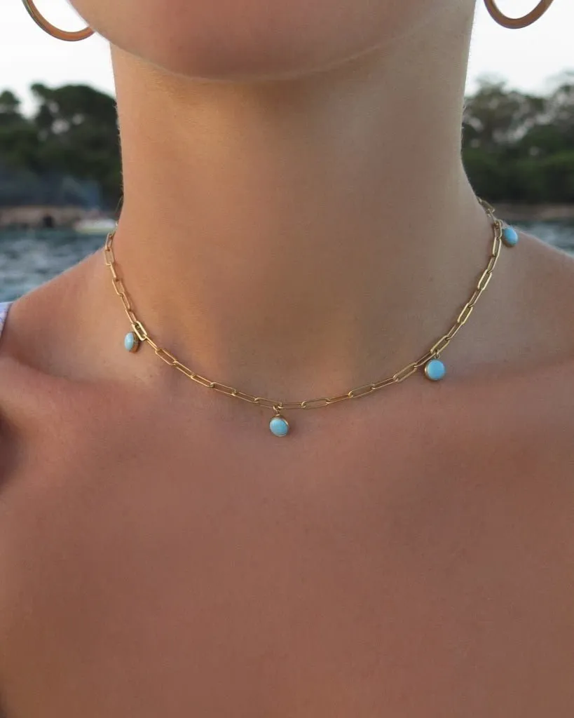 Five Turquoise Thick Drawn Cable Chain Necklace  - 14k Yellow Gold Fill