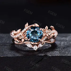 Floral Engagement Ring Round Natural London Blue Topaz Ring Set Leaf Vine Moissanite Cluster Bridal Set Flower Ring December Birthstone Gift