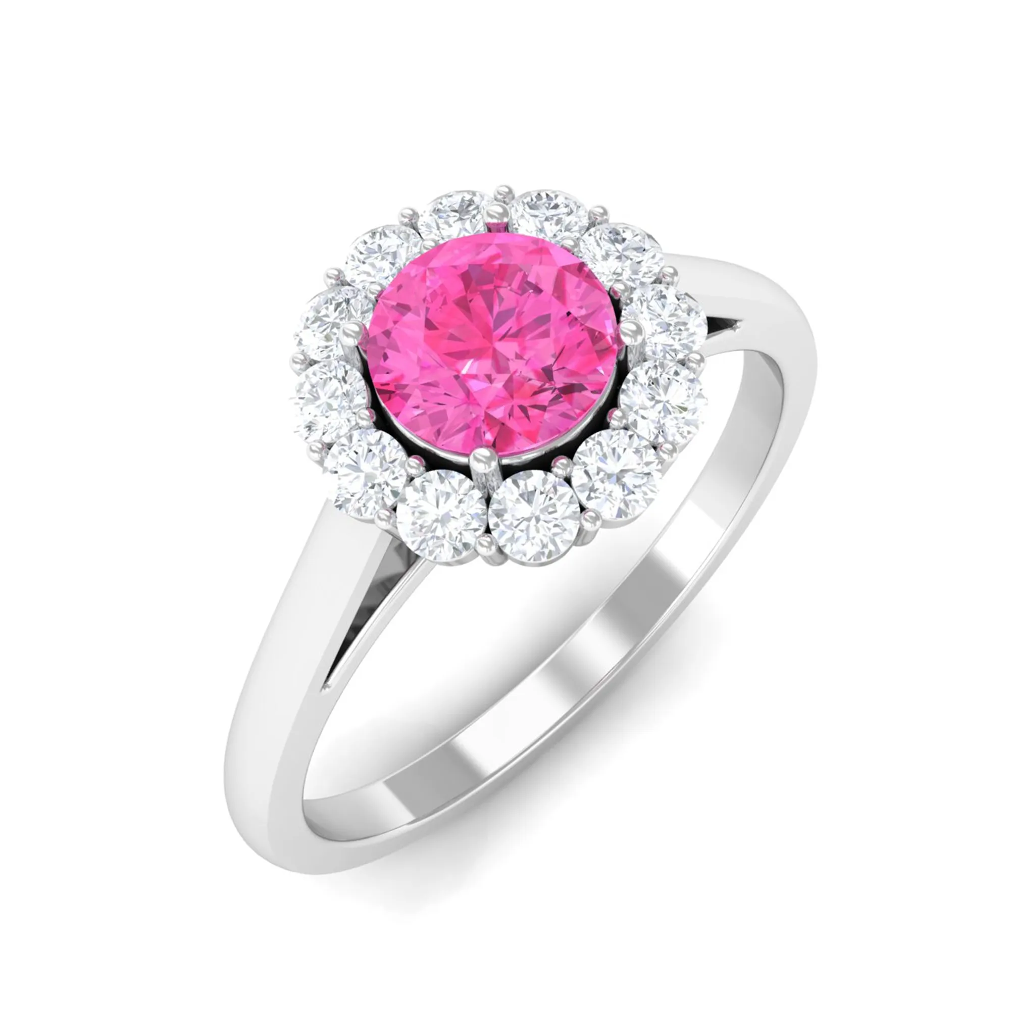 Floral Pink Sapphire Engagement Ring with Diamond Halo