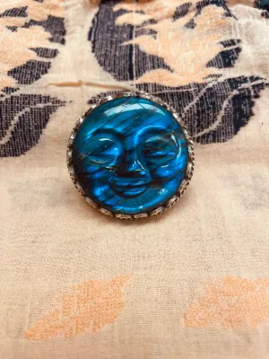 Goddess Moon Face Carved in Labradorite Adjustable Ornate Ring