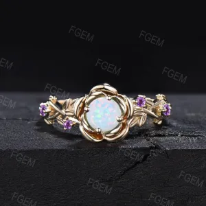 Gold Floral Engagement Ring 5mm Round Cut White Opal Twist Wedding Ring Nature Inspired Leaf Opal Jewelry Rose Flower Amethyst Promise Ring