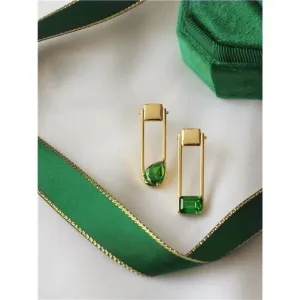 Gold Geometric Drop Earrings with Green Gemstone Accents jlt11763