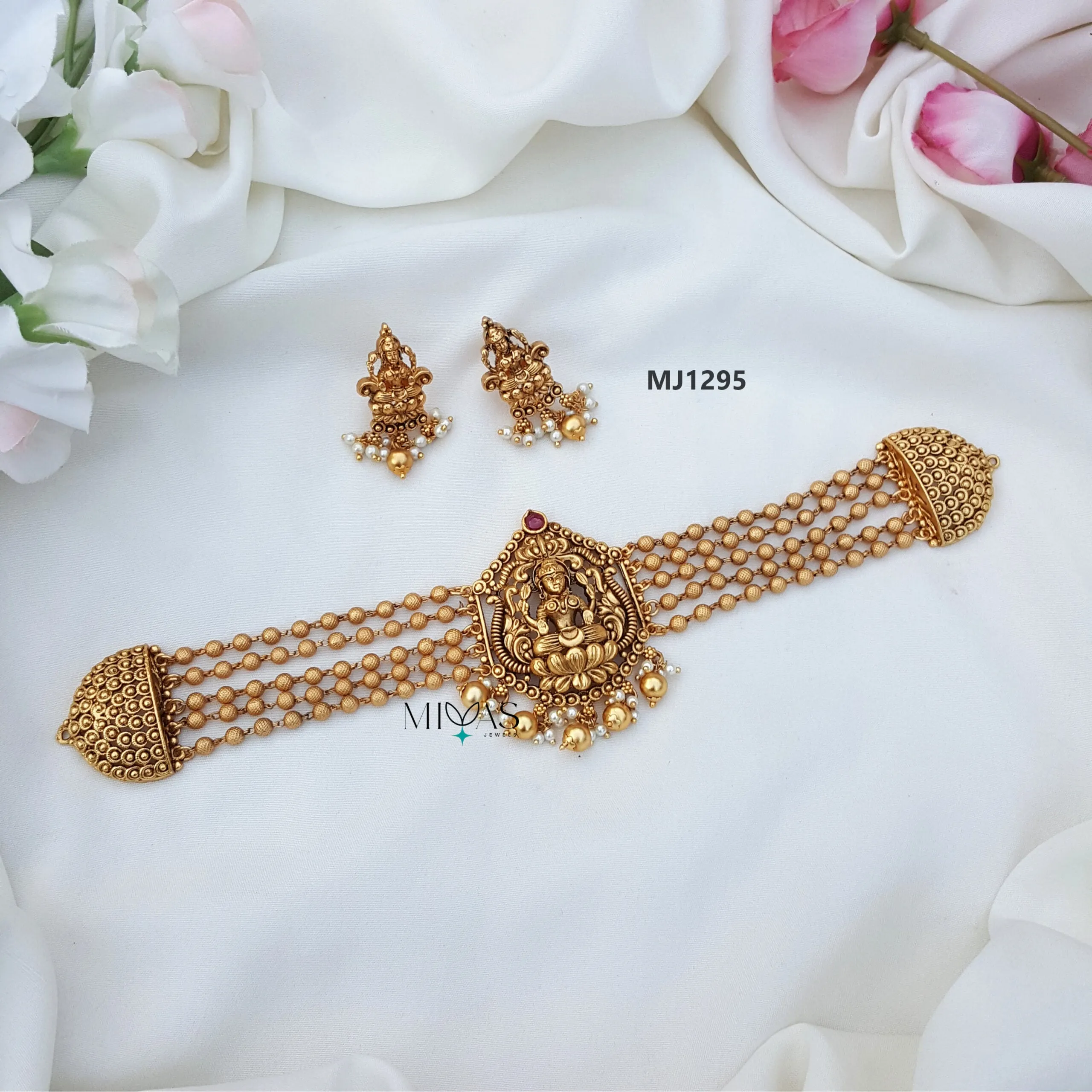 Gorgeously Crafted Lakshmi Design Gold Beaded Choker