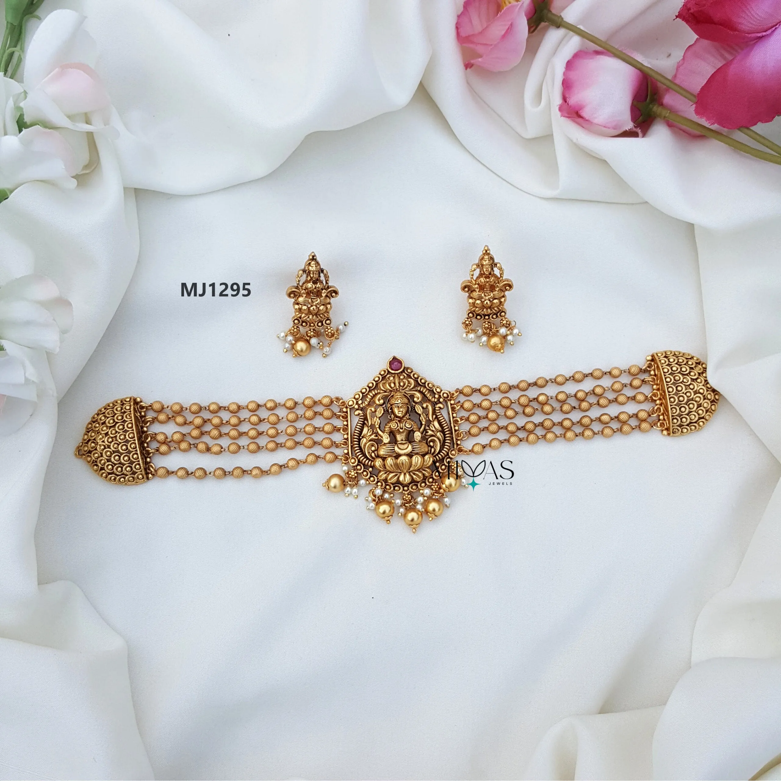 Gorgeously Crafted Lakshmi Design Gold Beaded Choker