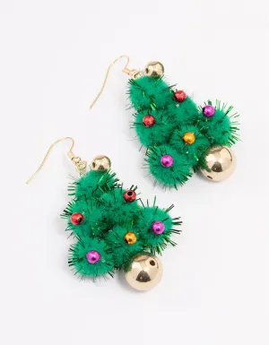 Green Pom Pom Tree Drop Earrings