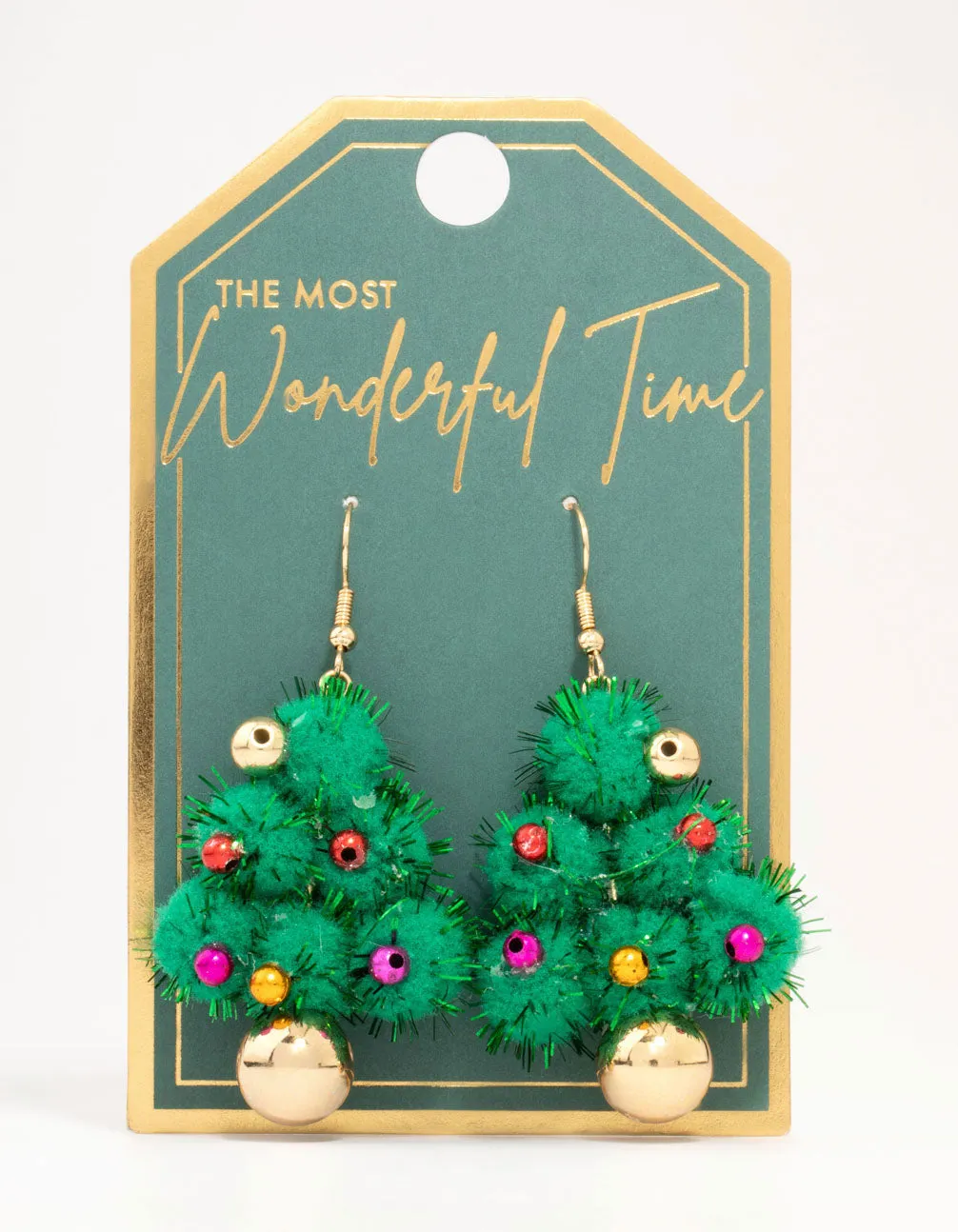 Green Pom Pom Tree Drop Earrings